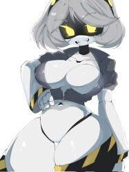Rule 34 | 1girl, breasts, coat, colored skin, female focus, glitch productions, grey skin, highres, large breasts, mecha girl, mechanical tail, mikatsu27, murder drones, robot girl, salute, shiny skin, short hair, smile, tail, thighhighs, v (murder drones), yellow eyes