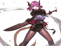 Rule 34 | 1girl, animal ears, arknights, black jacket, black necktie, black skirt, breast pocket, breasts, brown horns, brown pantyhose, brown tail, cow ears, cow girl, cow horns, feet out of frame, glaring, grey shirt, hand up, holding, holding sword, holding weapon, horns, jacket, large breasts, leather skirt, long sleeves, looking at viewer, miniskirt, motion blur, necktie, open clothes, open jacket, open mouth, orange eyes, pantyhose, pencil skirt, pink hair, pocket, red jacket, serious, shirt, short hair, sideroca (arknights), siguya, skirt, slashing, solo, standing, strap, sword, teeth, two-sided fabric, two-sided jacket, unfinished, unzipped, upper teeth only, weapon, white background, zipper, zipper pull tab