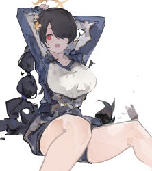 Rule 34 | 1girl, absurdres, alternate costume, bare legs, black hair, blue archive, blue jacket, breasts, gym uniform, halo, highres, hinata (blue archive), jacket, jumbowhopper, large breasts, long hair, ponytail, red eyes, shirt, simple background, sitting, solo, thigh gap, white background, white shirt, yellow halo