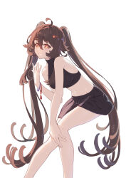 Rule 34 | 1girl, absurdres, ahoge, alternate costume, bangle, bare arms, bare legs, bare shoulders, black shirt, black skirt, bracelet, breasts, brown hair, cqc no hashi neko, crop top, feet out of frame, flower-shaped pupils, genshin impact, grin, hair between eyes, hair flaps, hair ornament, hairclip, hand on own knee, hand up, highres, hu tao (genshin impact), jewelry, knees together feet apart, leaning forward, long hair, looking at viewer, medium breasts, midriff, miniskirt, navel, pleated skirt, red eyes, shirt, sidelocks, simple background, skirt, sleeveless, sleeveless turtleneck crop top, smile, solo, stomach, symbol-shaped pupils, thighs, twintails, very long hair, white background