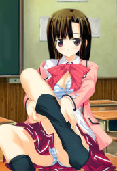 Rule 34 | 1girl, blazer, bow, bra, breasts, brown hair, cleavage, desk, dressing, highres, jacket, lingerie, medium breasts, open clothes, open shirt, panties, red eyes, school uniform, shirt, sitting, solo, striped bra, striped clothes, striped panties, underwear, yan-yam