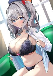 Rule 34 | 1girl, absurdres, beret, black bra, black hat, black panties, blue eyes, bra, breasts, cleavage, collared shirt, couch, curtains, dress shirt, enishi96, grey hair, hat, highres, kantai collection, kashima (kancolle), lace, lace bra, large breasts, long hair, long sleeves, open clothes, open shirt, panties, shirt, sidelocks, sitting, solo, twintails, underwear, wavy hair, white shirt, window