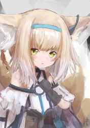 Rule 34 | 1girl, absurdres, animal ear fluff, animal ears, arknights, bare shoulders, black gloves, blonde hair, blue hairband, blush stickers, commentary request, fox ears, fox girl, fox tail, gloves, hairband, hand up, highres, looking at viewer, multicolored hair, parted lips, piennamekuzi, shirt, signature, solo, suzuran (arknights), tail, two-tone hair, upper body, white hair, white shirt