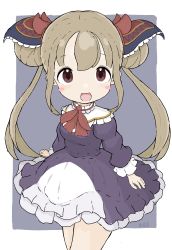 Rule 34 | 1girl, :d, absurdres, black dress, blush stickers, brown eyes, brown hair, commentary request, double bun, dress, grey background, hair bun, highres, long hair, long sleeves, looking at viewer, luna (shadowverse), open mouth, puffy long sleeves, puffy sleeves, rururu (pyrk8855), shadowverse, signature, smile, solo, twintails, two-tone background, very long hair, white background