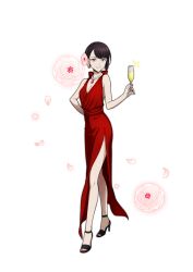 Rule 34 | 10s, 1girl, alcohol, breasts, brown eyes, brown hair, bungou stray dogs, champagne, cleavage, dress, earrings, feet, flower, hair flower, hair ornament, jewelry, looking at viewer, necklace, smile, toes, transparent background, yosano akiko (bungou stray dogs)