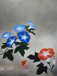 Rule 34 | animal, blue flower, branch, fish, flower, goldfish, grey sky, mitzoka2001, no humans, original, painting (medium), plant, red flower, sky, traditional media