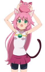 Rule 34 | 10s, 1girl, animal ears, armpits, arms up, bare arms, bare shoulders, bike shorts, black shorts, blush, breasts, cat ears, cat girl, cat tail, commentary request, cowboy shot, dual persona, fang, green eyes, gundam, gundam build divers, hair between eyes, haro, highres, holding, leaning to the side, long hair, momo (gundam build divers), momoharo, multiple persona, open mouth, pink hair, pleated skirt, purple skirt, shirt, short shorts, shorts, shorts under skirt, simple background, sincos, skirt, sleeveless, sleeveless shirt, small breasts, solo, tail, thighs, very long hair, white background, white shirt, yashiro momoka