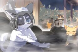 Rule 34 | 6+boys, :3, animal ears, bath, bathing, black hair, black sky, blue eyes, cauldron, closed eyes, closed mouth, colored skin, commentary request, completely nude, dog boy, dog ears, feet out of frame, fox boy, fox ears, fox tail, furry, furry male, hyena boy, hyena ears, lets0020, looking at viewer, male focus, multiple boys, navel, night, nude, one eye closed, onsen, original, outdoors, parted bangs, short hair, sitting, sky, smile, star (sky), starry sky, steam, tail, towel, towel on head, tree, water, white skin, wolf boy, wolf ears, wolf tail, yellow skin