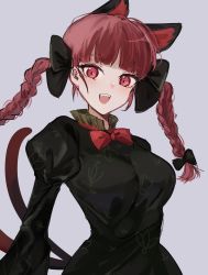 Rule 34 | 1girl, :d, absurdres, animal ears, black bow, bow, braid, cat ears, cat tail, dress, grey background, hair bow, highres, kaenbyou rin, long hair, long sleeves, looking at viewer, multiple tails, nekomata, noyama (prosiuttooishi), open mouth, red eyes, red hair, smile, solo, tail, touhou, twin braids, two tails