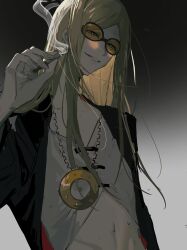 Rule 34 | 1boy, black background, black jacket, blonde hair, cigarette, fate/grand order, fate (series), highres, holding, holding cigarette, jacket, jewelry, kuma (2014384421), long hair, looking at viewer, male focus, medallion, navel, necklace, open clothes, open jacket, orange-tinted eyewear, shirt, smile, smoke, solo, sunglasses, tezcatlipoca (fate), tinted eyewear, two-tone background, upper body, white background, white shirt