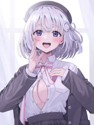 Rule 34 | 1girl, :d, bat ornament, breasts, button gap, choppy bangs, cleavage, collared shirt, commentary request, grey hat, grey jacket, grey skirt, hair rings, hand on own chest, hand to own mouth, hat, high-waist skirt, highres, indie virtual youtuber, jacket, large breasts, looking at viewer, naito mare (vtuber), neck ribbon, ojyomu, open clothes, open jacket, open mouth, partially unbuttoned, pink ribbon, plaid, plaid skirt, pleated skirt, purple eyes, purple hair, ribbon, shirt, short hair, skirt, smile, solo, teeth, tongue, tongue out, upper body, upper teeth only, virtual youtuber, white shirt