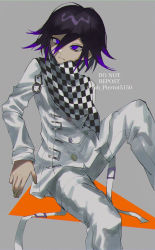 Rule 34 | 1boy, artist name, black hair, blue eyes, blue hair, buttons, checkered clothes, checkered scarf, closed mouth, danganronpa (series), danganronpa v3: killing harmony, double-breasted, feet out of frame, grey background, grey jacket, grey pants, jacket, joh pierrot, knee up, long sleeves, male focus, orange background, oma kokichi, pants, scarf