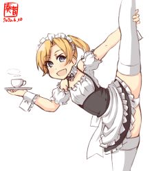 Rule 34 | 1girl, alternate costume, artist logo, black skirt, blonde hair, blouse, commentary request, dated, detached collar, detached sleeves, enmaided, frilled shirt, frills, garter straps, grey eyes, highres, kanon (kurogane knights), kantai collection, looking at viewer, maid, maikaze (kancolle), panties, parted bangs, pleated skirt, ponytail, shirt, simple background, skirt, smile, solo, split, standing, standing on one leg, standing split, suspender skirt, suspenders, thighhighs, underwear, white background, white panties, white shirt, white thighhighs, wrist cuffs