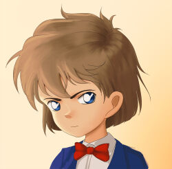 Rule 34 | 1girl, blue cardigan, blue eyes, bow, brown hair, cardigan, child, closed mouth, collared shirt, cosplay, edogawa conan, edogawa conan (cosplay), female focus, haibara ai, highres, looking at viewer, meitantei conan, bowtie, portrait, red bow, shirt, short hair, simple background, solo, storm92, yellow background