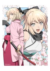 Rule 34 | 1girl, :d, arms behind back, artist name, black bow, black scarf, blonde hair, bow, breasts, cherry blossoms, crossed wrists, fate/grand order, fate (series), hair bow, haori, highres, japanese clothes, katana, kimono, light blush, looking at viewer, lunapont, medium breasts, multiple views, obi, okita souji (fate), open mouth, pink kimono, ponytail, sash, scarf, short hair, short ponytail, sleeveless, sleeveless kimono, smile, sword, twitter username, weapon, white kimono, yellow eyes