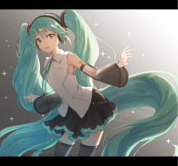 Rule 34 | 1girl, absurdly long hair, aqua eyes, aqua hair, aqua ribbon, bare shoulders, black skirt, black sleeves, black thighhighs, blouse, commentary, contrapposto, cowboy shot, detached sleeves, gradient background, hair ornament, hatsune miku, hatsune miku (nt), headphones, layered sleeves, leaning forward, letterboxed, long hair, looking at viewer, miniskirt, neck ribbon, open mouth, outstretched arms, piapro, pleated skirt, ribbon, see-through, see-through sleeves, shiohari kanna, shirt, shoulder tattoo, sidelighting, skirt, sleeveless, sleeveless shirt, smile, solo, sparkle, tattoo, thighhighs, twintails, very long hair, vocaloid, white shirt, white sleeves, zettai ryouiki