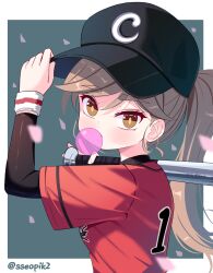 Rule 34 | 1girl, baseball, baseball bat, baseball cap, baseball uniform, black sleeves, blowing bubbles, brown eyes, brown hair, character request, chewing gum, commission, copyright request, falling petals, hand on headwear, hat, highres, layered sleeves, looking at viewer, petals, ponytail, red shirt, shirt, sportswear, sseopik, wristband