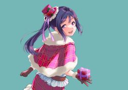 Rule 34 | 1girl, :d, absurdres, blue hair, box, earrings, frills, from behind, fur trim, gift, gift box, gloves, hair ornament, hairclip, hat, highres, holding, holding gift, idol, jewelry, kate iwana, long hair, looking back, love live!, love live! school idol festival, love live! sunshine!!, matsuura kanan, miniskirt, open mouth, plaid, plaid skirt, ponytail, purple eyes, skirt, smile, solo