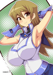 Rule 34 | 1girl, armpits, arms behind head, blue gloves, breasts, brown eyes, brown hair, closed mouth, duel academy uniform (yu-gi-oh! gx), gloves, hair between eyes, impossible clothes, large breasts, long hair, looking at viewer, sleeveless, smile, sweatdrop, tenjouin asuka, upper body, virus-g, yu-gi-oh!, yu-gi-oh! gx