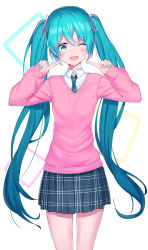 Rule 34 | aqua nails, bib (bibboss39), blush, commentary, cowboy shot, hair tie, hands up, hatsune miku, highres, index fingers raised, long hair, looking at viewer, miniskirt, nail polish, necktie, one eye closed, open mouth, pink sweater, plaid, plaid neckwear, plaid skirt, pointing, pointing at self, school uniform, shirt, skirt, smile, standing, sweater, twintails, very long hair, vocaloid, white shirt