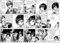 Rule 34 | 00s, 2boys, bags under eyes, blush, book, bug, butterfly, comic, death note, death note (object), english text, frown, greyscale, bug, l (death note), left-to-right manga, monochrome, multiple boys, pen, smile, writing, yagami light