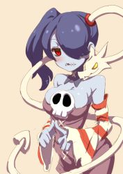 Rule 34 | 1girl, bare shoulders, blue hair, blue skin, blush, breasts, clearite, colored skin, detached collar, detached sleeves, hair over one eye, leviathan (skullgirls), red eyes, side ponytail, skull, skullgirls, squigly (skullgirls), stitched mouth, stitches, striped, striped sleeves, zombie