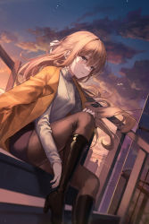 Rule 34 | 1girl, absurdres, black footwear, black skirt, blonde hair, blue eyes, boots, brown jacket, brown pantyhose, cloud, crying, crying with eyes open, dutch angle, ekina (1217), hair between eyes, high heel boots, high heels, highres, jacket, jacket on shoulders, knee boots, knee up, long hair, long sleeves, looking at viewer, miniskirt, open clothes, open jacket, original, pantyhose, parted lips, shirt, sitting, skirt, solo, star (sky), sunset, tears, white shirt
