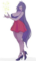 Rule 34 | 1girl, absurdres, breasts, cleavage, colored skin, high heels, highres, large breasts, lipstick, long hair, madam mim, makeup, potatozeu, purple heels, purple skin, red skirt, shirt, skirt, the sword in the stone, thick thighs, thighs