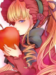 Rule 34 | 00s, 1girl, apple, bad id, bad pixiv id, blonde hair, blue eyes, blush, bonnet, bow, doll, dress, drill hair, expressionless, flower, food, fruit, hair ribbon, hairband, holding, holding food, holding fruit, konnyaku serori, long hair, long sleeves, looking at viewer, red dress, ribbon, rose, rozen maiden, rozen maiden traumend, shinku, solo, twintails