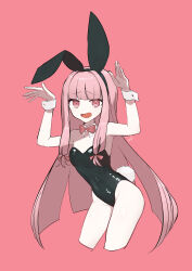 Rule 34 | 1girl, animal ears, black hairband, black leotard, blunt bangs, blunt ends, bow, bowtie, commentary request, cropped legs, detached collar, fake animal ears, fake tail, furrowed brow, hair bow, hairband, hands up, highres, kotonoha akane, leaning forward, leotard, long hair, looking at viewer, low-tied sidelocks, multiple hair bows, nervous smile, open mouth, pink background, pink bow, pink hair, rabbit ears, rabbit pose, rabbit tail, raised eyebrows, red bow, red bowtie, red eyes, simple background, smile, solo, strapless, strapless leotard, tail, voiceroid, wrist cuffs, yonhuyonkai