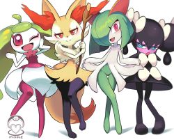 Rule 34 | 4girls, ;d, animal ear fluff, animal nose, black hair, blue eyes, blush, bow, braixen, clothes lift, colored skin, creatures (company), dress, female focus, fox girl, full body, game freak, gashi-gashi, gen 3 pokemon, gen 5 pokemon, gen 6 pokemon, gen 7 pokemon, gothic lolita, gothorita, green hair, hair over one eye, half-closed eyes, hand on own cheek, hand on own face, hands on own cheeks, hands on own face, highres, impossible clothes, kirlia, lolita fashion, monster girl, multiple girls, nintendo, one eye closed, open mouth, orange eyes, pink lips, pink skin, plant girl, plant hair, pokemon, pokemon (creature), purple legwear, red eyes, simple background, skirt, skirt lift, smile, steenee, stick, twintails, white background, white bow, white skin