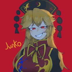 Rule 34 | 1girl, black hat, blonde hair, breasts, character name, commentary request, evil grin, evil smile, grin, hat, junko (touhou), large breasts, long hair, long sleeves, neck ribbon, portrait, red background, red eyes, red tabard, ribbon, shengxian miaomiao cui, simple background, smile, solo, tabard, touhou, yellow ribbon