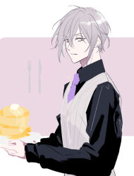 Rule 34 | 1boy, anno meiji, black shirt, collared shirt, facing to the side, food, grey background, grey hair, grey vest, heterochromia, highres, looking at viewer, mahoutsukai no yakusoku, male focus, necktie, owen (mahoutsukai no yakusoku), pancake, pancake stack, parted lips, pink background, purple necktie, red eyes, shirt, short hair, solo, teeth, vest, yellow eyes