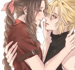 Rule 34 | aerith gainsborough, aqua eyes, bare shoulders, blonde hair, blush, braid, braided ponytail, brown hair, cloud strife, couple, dress, final fantasy, final fantasy vii, final fantasy vii remake, green eyes, hair between eyes, hair ribbon, hand on another&#039;s back, hand on another&#039;s cheek, hand on another&#039;s face, hetero, highres, jacket, long hair, looking at another, parted bangs, parted lips, pink dress, pink ribbon, poffg 7, red jacket, ribbon, short hair, short sleeves, sidelocks, sleeveless, sleeveless turtleneck, smile, square enix, turtleneck, upper body, wavy hair, white background