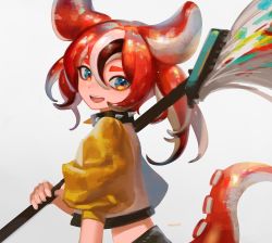 Rule 34 | 1girl, blue eyes, collar, hakos baelz, handot (d yot ), highres, hololive, hololive english, looking back, midriff, nintendo, octobrush (splatoon), octoling player character, over shoulder, red hair, signature, spiked collar, spikes, splatoon (series), tentacle hair, tentacles, virtual youtuber, weapon, weapon over shoulder