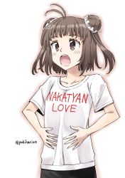 Rule 34 | ahoge, brown eyes, brown hair, commentary request, cowboy shot, gradient background, hands on stomach, kantai collection, looking away, naka (kancolle), open mouth, print shirt, shirt, short hair, short sleeves, signature, simple background, solo, teeth, white background, white shirt, yukiharu