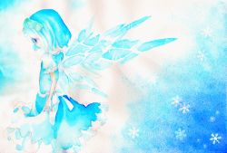 Rule 34 | 1girl, arms at sides, blue dress, blue hair, blue theme, blush, bow, cirno, colored eyelashes, cowboy shot, dress, fairy, female focus, frilled sleeves, frills, from side, gradient hair, green bow, hair bow, ice, ice wings, miri, miri (tobira no mukou), multicolored hair, nail polish, pink nails, profile, puffy short sleeves, puffy sleeves, short hair, short sleeves, snowflakes, solo, standing, touhou, traditional media, wings