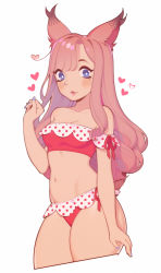 Rule 34 | 1girl, animal ears, bandeau, bare shoulders, bikini, blush, breasts, bright pupils, cleavage, commentary, commission, cowboy shot, cropped legs, english commentary, fingernails, full body, halphelt, hand up, heart, highres, legs together, long hair, looking at viewer, medium breasts, nail polish, off-shoulder bikini, off shoulder, original, parted lips, pink hair, pink lips, purple eyes, purple nails, red bikini, simple background, smile, solo, swimsuit, white background, white pupils