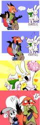 Rule 34 | 2boys, 2girls, 4koma, :3, blush, cat, claws, comic, couple, crossover, disney, doki, fox, from behind, furry, furry female, furry male, furry with furry, green eyes, heart, highres, interspecies, judy hopps, laughing, monochrome, multiple boys, multiple girls, nabi, necktie, nick wilde, pkbunny, purple eyes, rabbit, scarf, sharp teeth, silent comic, simple background, smile, speech bubble, sunburst, talking, teeth, there she is!!, thought bubble, zootopia