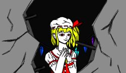 Rule 34 | 1girl, ascot, blonde hair, bow, crystal, flandre scarlet, hat, hat ribbon, looking at viewer, mob cap, multicolored wings, puffy sleeves, red bow, red eyes, red vest, ribbon, serenade (gray), shirt, short hair, smile, solo, touhou, vest, wings, yellow ascot