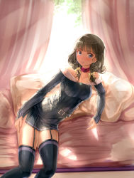 Rule 34 | 1girl, blue eyes, brown hair, choker, garter straps, highres, kazeno, low twintails, off shoulder, original, solo, thighhighs, twintails