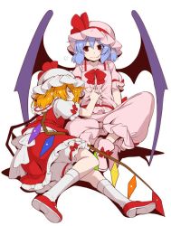 Rule 34 | 2girls, ascot, bat wings, bloomers, breath, clothes grab, commentary request, eichi yuu, closed eyes, fang, flandre scarlet, gem, hat, hat ribbon, mary janes, mob cap, multiple girls, red ribbon, remilia scarlet, ribbon, shoes, siblings, sisters, sleeping, sleeping on person, smile, touhou, underwear, wings