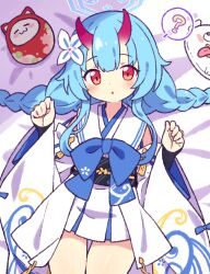 Rule 34 | 1girl, :o, ?, blue archive, blue hair, blue halo, blush, braid, chise (blue archive), commentary, daruma doll, detached sleeves, flower, hair flower, hair ornament, halo, hands up, horns, japanese clothes, jewelry, kimono, long hair, long sleeves, looking at viewer, low twin braids, lying, on back, oni horns, onyhakase, parted lips, peroro (blue archive), red eyes, ring, short kimono, solo, spoken question mark, thigh gap, twin braids, white kimono