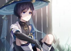 Rule 34 | 1boy, absurdres, arm armor, arm up, bare shoulders, black hair, black shirt, black shorts, blue hat, blue vest, closed mouth, collarbone, commentary request, fence, genshin impact, gold, grass, grey socks, grey vest, hand up, hat, highres, jewelry, jingasa, karen (navy 42), looking to the side, male focus, mandarin collar, necklace, official alternate costume, open clothes, open vest, parted bangs, pom pom (clothes), purple eyes, scaramouche (genshin impact), shirt, short hair, short sleeves, shorts, simple background, sitting, sleeveless, sleeveless shirt, socks, solo, two-tone vest, v-shaped eyebrows, vest, wanderer (genshin impact), white background