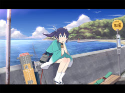 Rule 34 | 10s, 1girl, anime coloring, arrow (projectile), blue eyes, blue hair, blue sky, breasts, bus stop, head rest, cloud, day, flight deck, forest, japanese clothes, kantai collection, letterboxed, long hair, long sleeves, matching hair/eyes, mountain, nature, ocean, outdoors, quiver, radar, ribbon, sign, signpost, sitting, skirt, sky, smile, solo, souryuu (kancolle), sukemasa, tbonjobi (sukemasa), tree, twintails, water