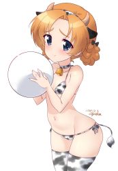 Rule 34 | 1girl, animal print, artist name, ball, beachball, bell, bikini, blue eyes, blush, braid, breasts, closed mouth, collar, collarbone, cow horns, cow print, cow tail, dated, fake horns, fake tail, french braid, girls und panzer, highres, horns, kuzuryuu kennosuke, looking at viewer, micro bikini, navel, neck bell, orange hair, orange pekoe (girls und panzer), shiny skin, simple background, small breasts, smile, solo, standing, swimsuit, tail, thighhighs, white background