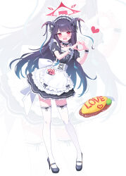 Rule 34 | 1girl, apron, black dress, black footwear, black hair, black hairband, blue archive, blue hair, commentary, deadnooodles, dress, food, frilled apron, frilled hairband, frills, full body, fuuka (blue archive), hairband, halo, hands up, heart, heart hands, highres, horns, long hair, omelet, omurice, plate, puffy short sleeves, puffy sleeves, shoes, short sleeves, solo, standing, symbol-only commentary, thighhighs, very long hair, white apron, white thighhighs, wrist cuffs, zoom layer