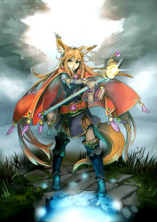 Rule 34 | 1girl, animal ears, blonde hair, book, cape, cloud, cocoaore, grass, green eyes, long hair, open mouth, original, solo, staff