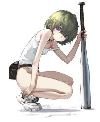 Rule 34 | 1girl, absurdres, akefumi, baseball bat, belt, breasts, full body, green hair, highres, looking at viewer, one-piece swimsuit, original, purple eyes, shoes, short hair, simple background, small breasts, sneakers, solo, squatting, strap slip, swimsuit, white background, white footwear, white one-piece swimsuit