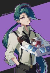 Rule 34 | 1girl, black background, black gloves, black pants, bright pupils, brown eyes, card, closed mouth, collared shirt, commentary request, cowboy shot, creatures (company), duel disk, earrings, flat chest, game freak, gloves, green hair, hand in pocket, highres, holding, holding card, jewelry, long hair, looking at viewer, low ponytail, nintendo, pants, pokemon, pokemon sv, ponytail, purple background, raijin-bh, rika (pokemon), shirt, solo, stud earrings, suspenders, very long hair, white pupils, white shirt, yu-gi-oh!